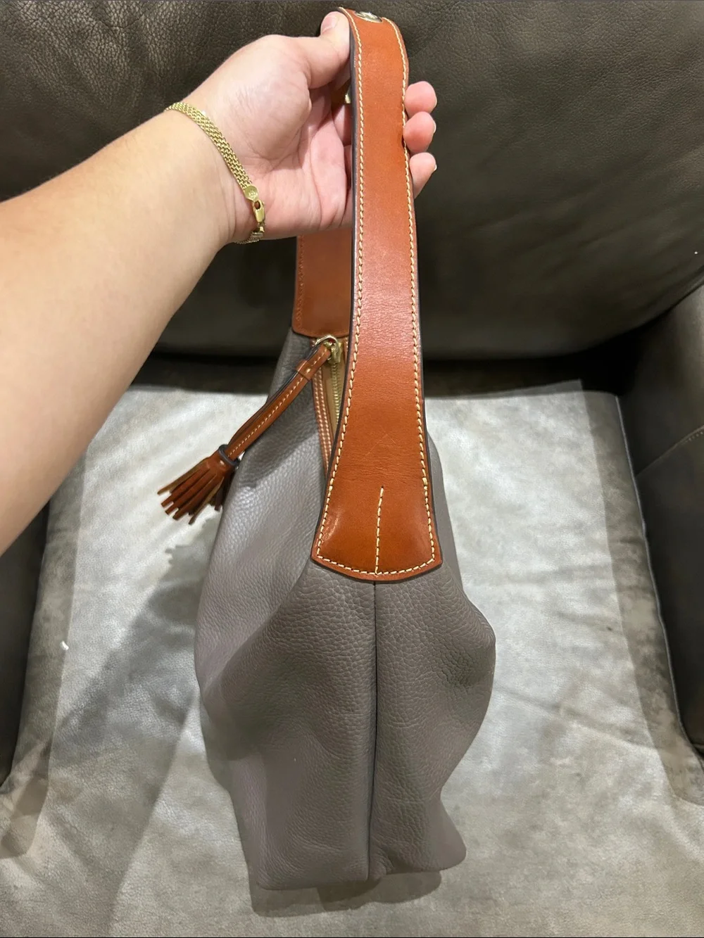 Women’s Taupe Leather Hobo Bag with Brown Trim